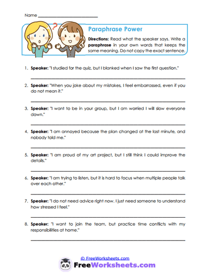 Paraphrase Power Worksheet