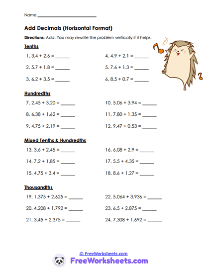 Decimal Sums Worksheet