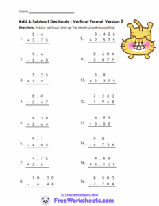 Add and Subtract Decimals Worksheets - FreeWorksheets.Com