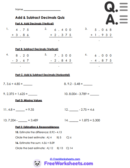 Decimal Review Worksheet