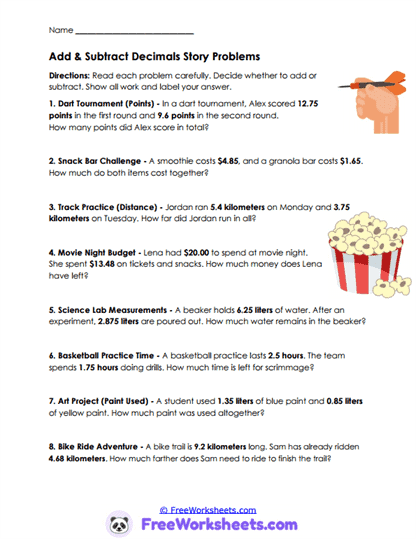 Decimal Stories Worksheet