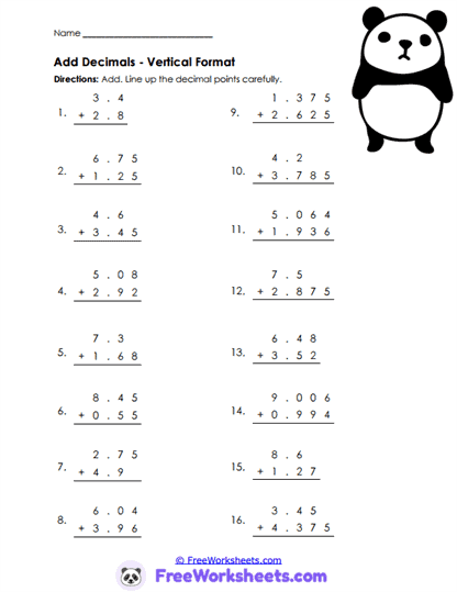 Decimal Columns Worksheet