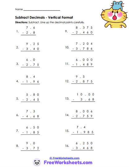 Decimal Subtraction Worksheet