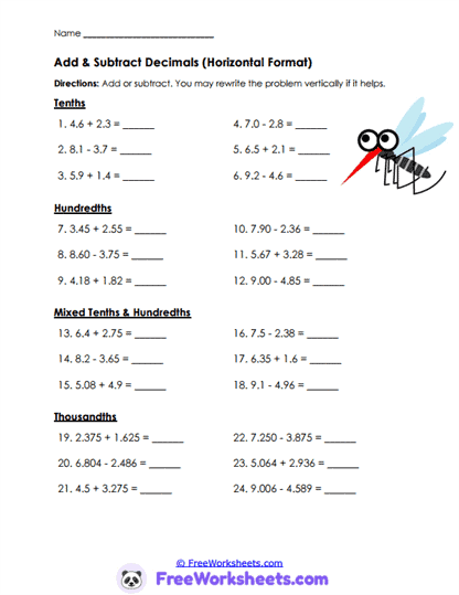 Decimal Mix Worksheet