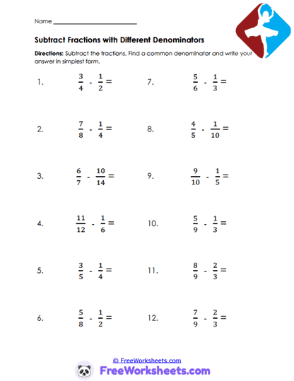 Fraction Difference Worksheet