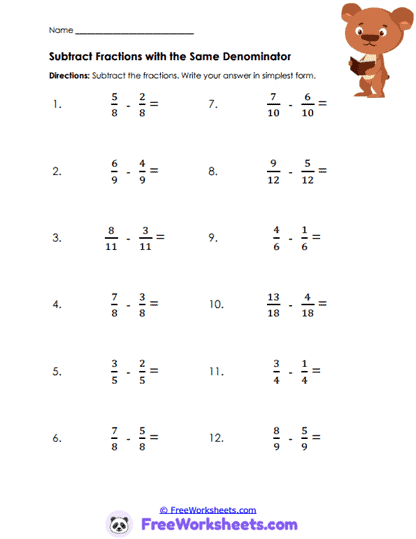 Fraction Difference Worksheet