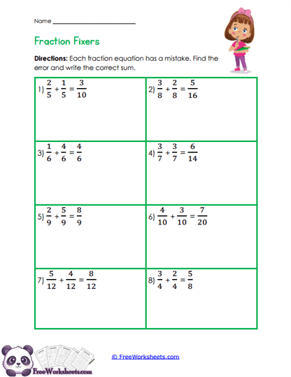 Fraction Error Hunt Worksheet
