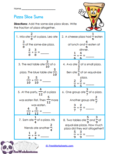 Pizza Fraction Stories Worksheet