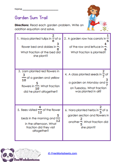 Garden Fraction Stories Worksheet