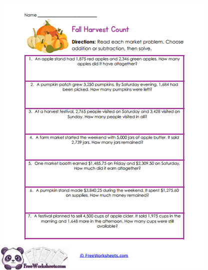 Harvest Calculations Worksheet
