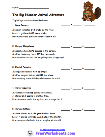Big Number Animal Adventure Worksheet