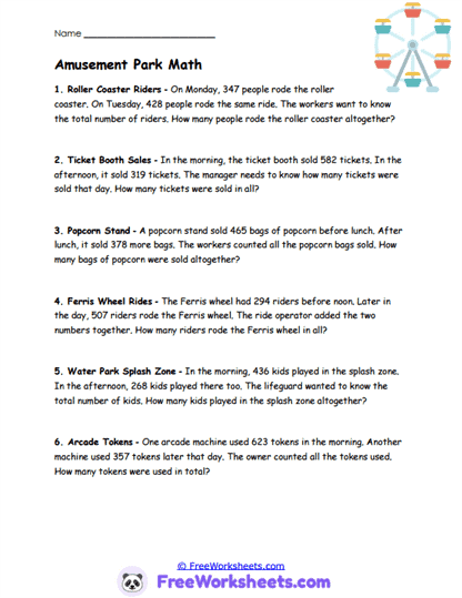 Amusement Park Math Worksheet