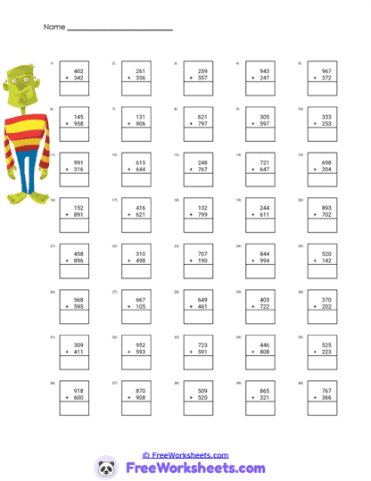 Addition Three Digits Worksheets