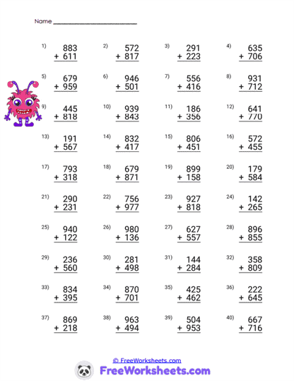 Addition Review Worksheet