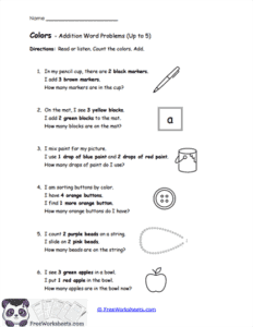 Addition Word Problems Up To 5 Worksheets For Kindergarten ...