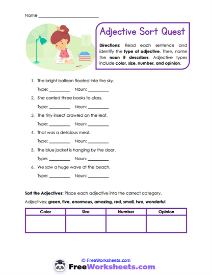 Adjective Categories Worksheet