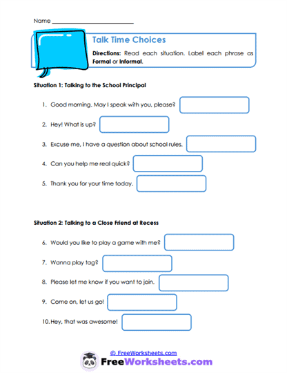 Talk Time Choices Worksheet