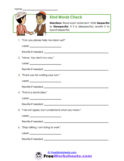 Kind Words Check Worksheet