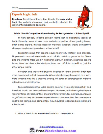 Esports Reasoning Worksheet