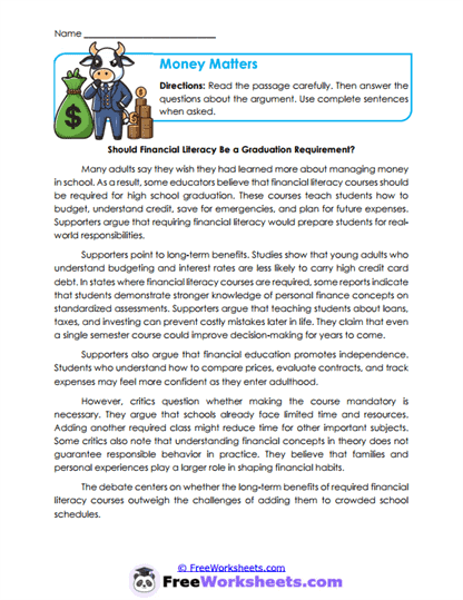 Money Matters Worksheet