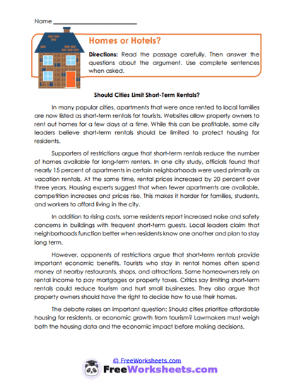 Homes or Hotels? Worksheet