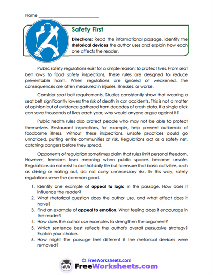 Safety First Worksheet