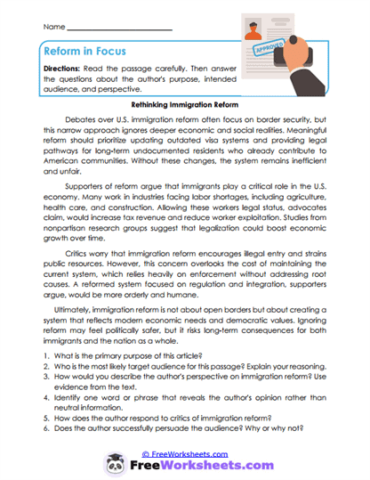 Reform in Focus Worksheet