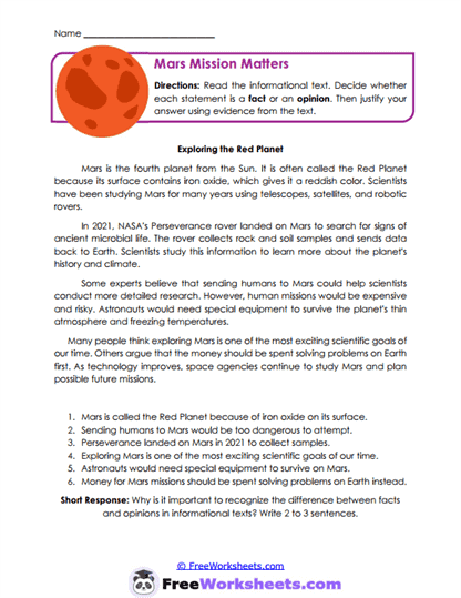 Mars Matters Worksheet
