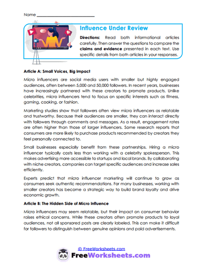 Influence Under Review Worksheet