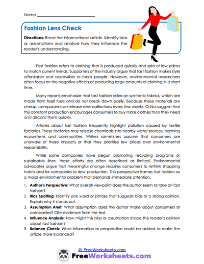 Fashion Lens Check Worksheet