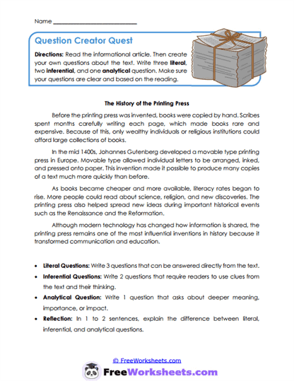 Question Quest Worksheet