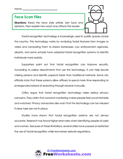 Face Scan Files Worksheet