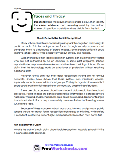 Faces and Privacy Worksheet