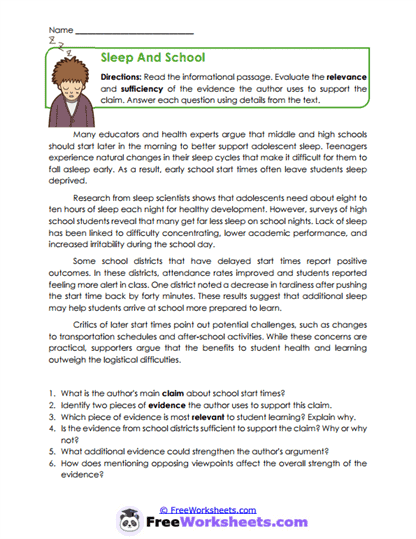 Sleep And School Worksheet