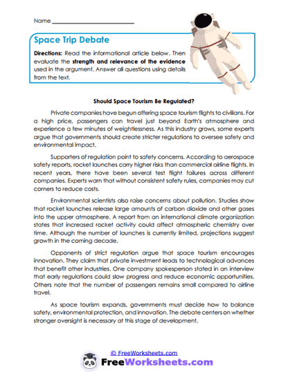 Space Trip Debate Worksheet