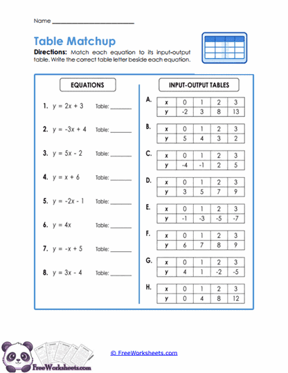Table Matches Worksheet