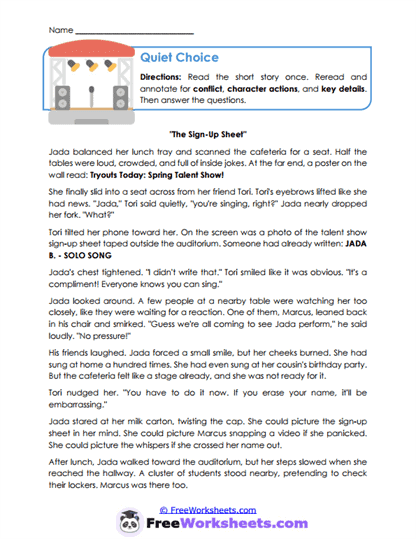 Quiet Choice Worksheet