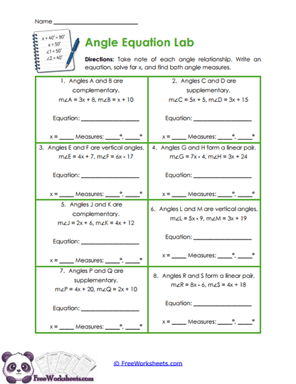 Angle Equations Worksheet