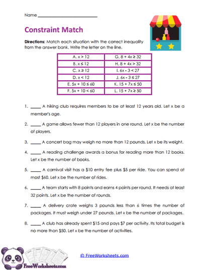Inequality Matches Worksheet