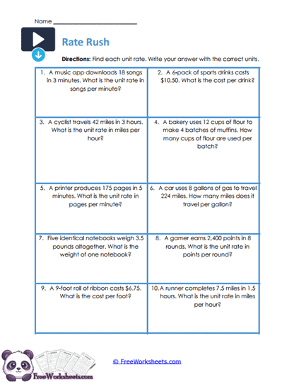 Rate Fluency Worksheet