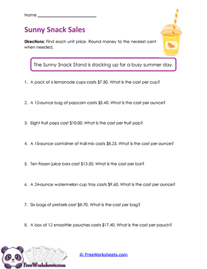 Snack Prices Worksheet