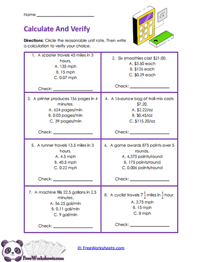 7th Grade Applying Unit Rates In Context Worksheet Collection