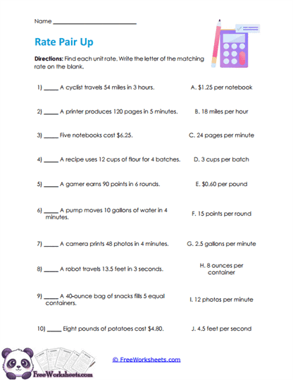 Rate Matches Worksheet