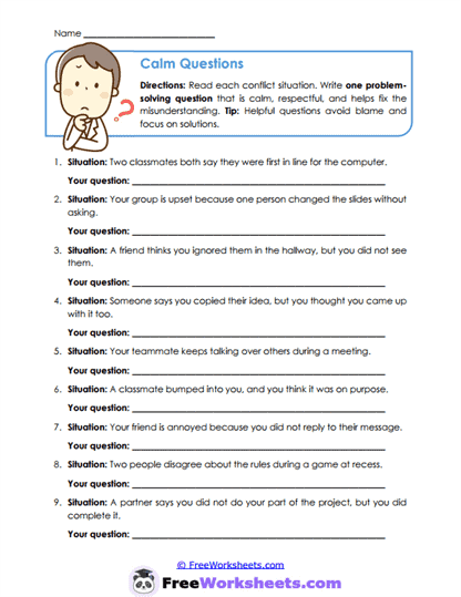 Calm Questions Worksheet