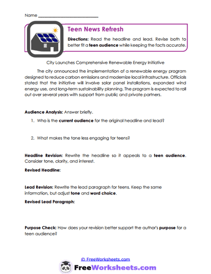 Teen News Refresh Worksheet