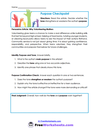 Purpose Checkpoint Worksheet