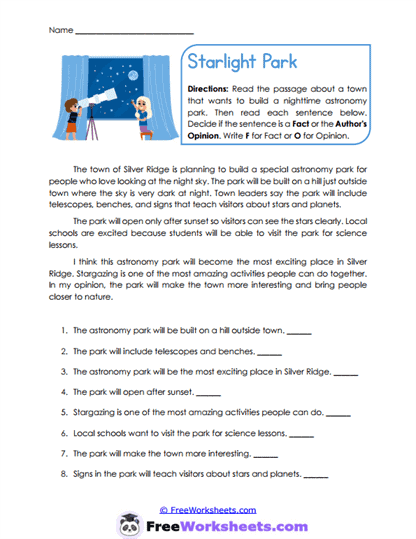 Starlight Park Worksheet