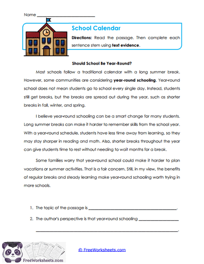 School Calendar Worksheet