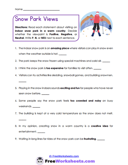 Snow Park Views Worksheet