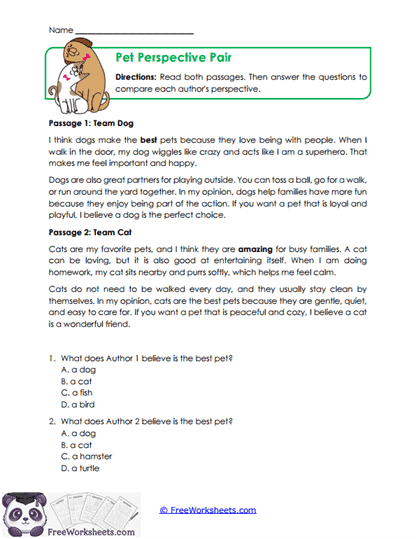 Pet Perspective Pair Worksheet